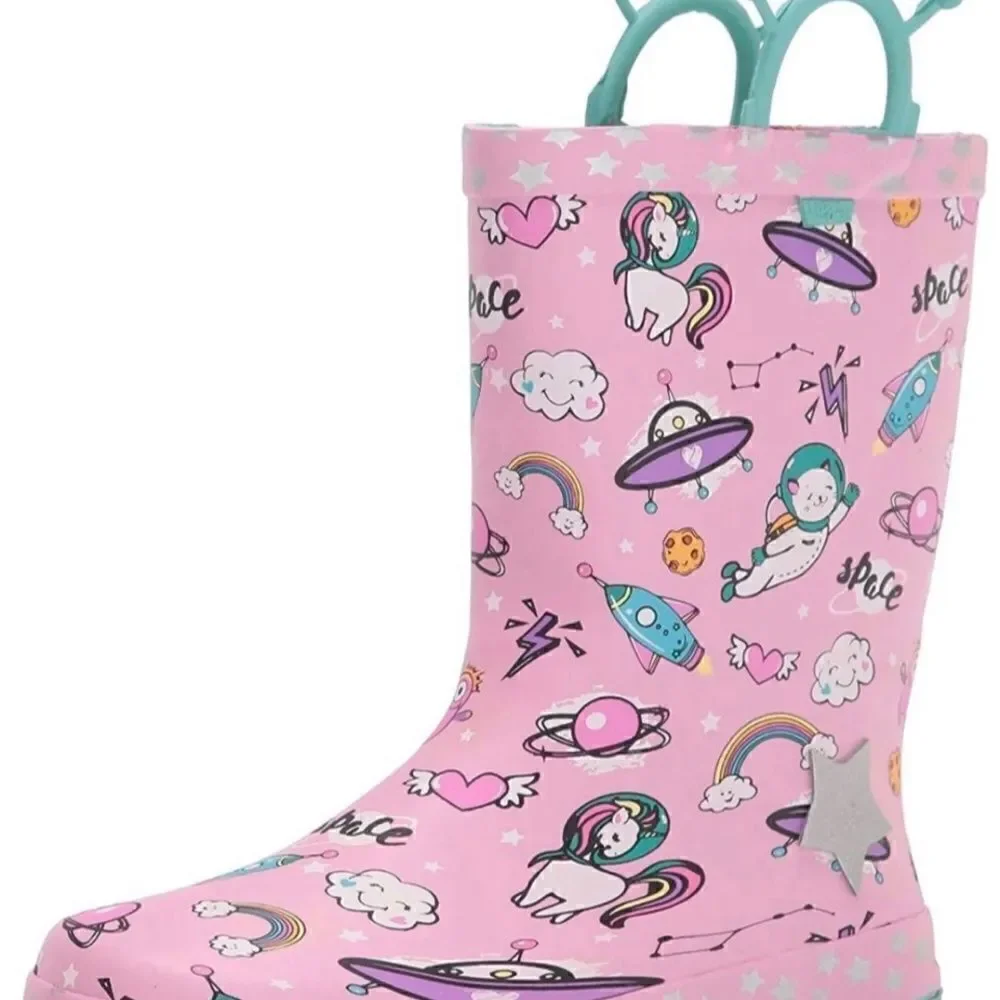 Western Chief Girls' Waterproof Rain Boots with EasyOn Handles Space Party Theme